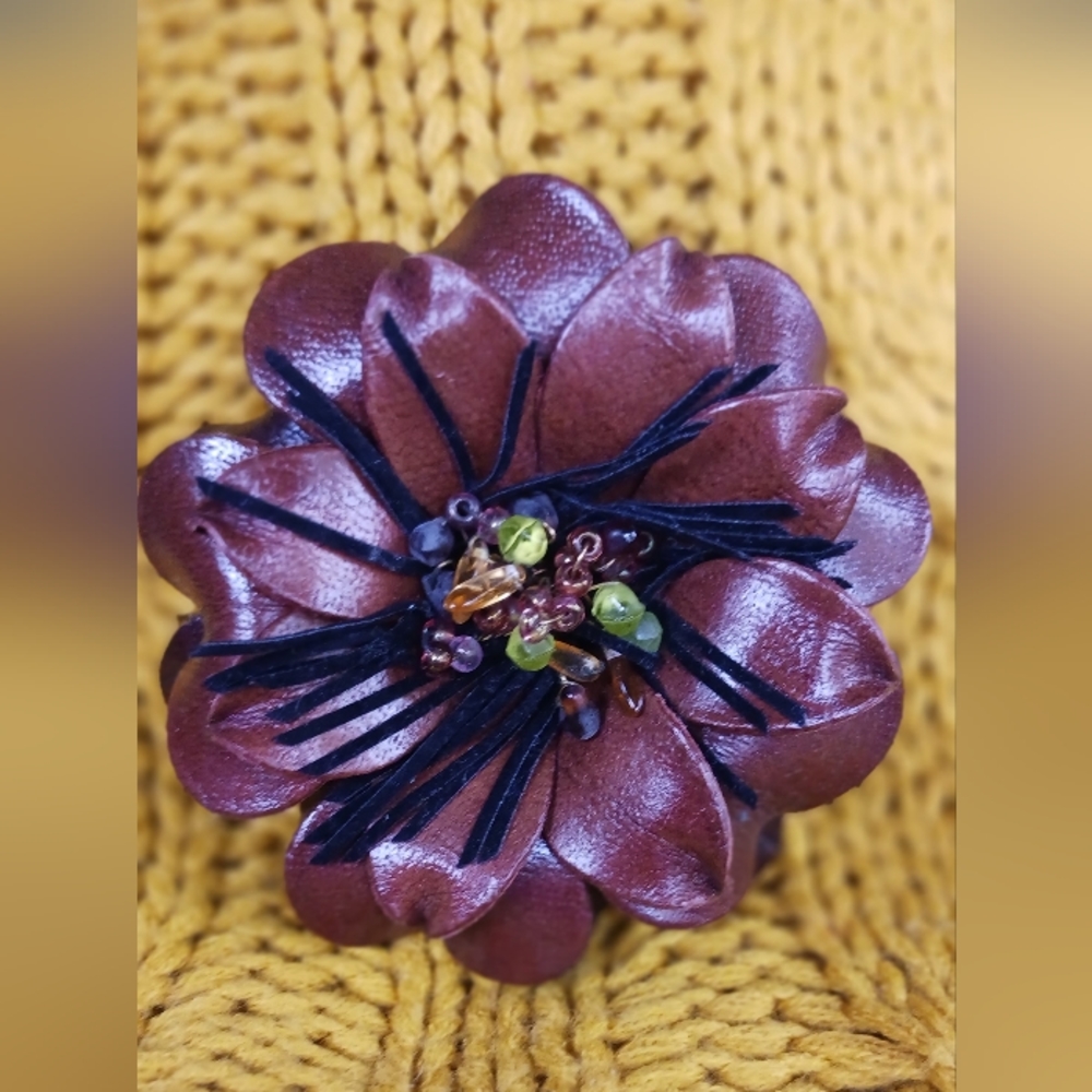 Genuine Brown Leather Green bids Camellia Brooch Flower Pin